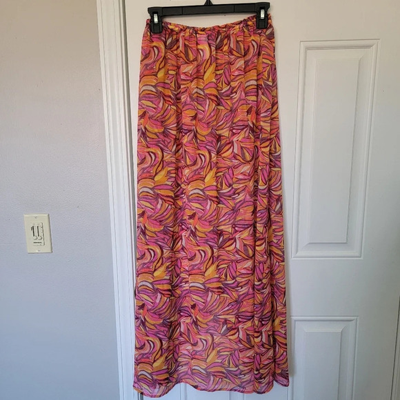 H & M Sheer Full Slit Maxi Skirt Swim Cover Up Pink Orange Tropical Size Small - Picture 5 of 9